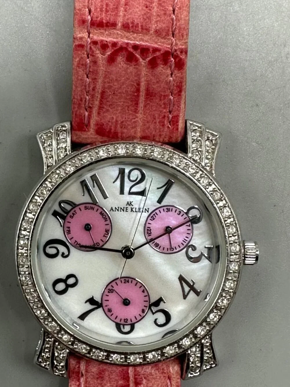 3/$30 Anne Klein Watch Women Silver Tone Mother of Pearl Dial Pink Band